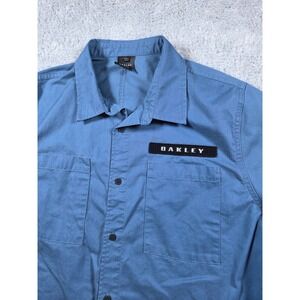 Oakley Mens Blue Short Sleeve Button Up Shirt Workwear Style Pocket Logo Large